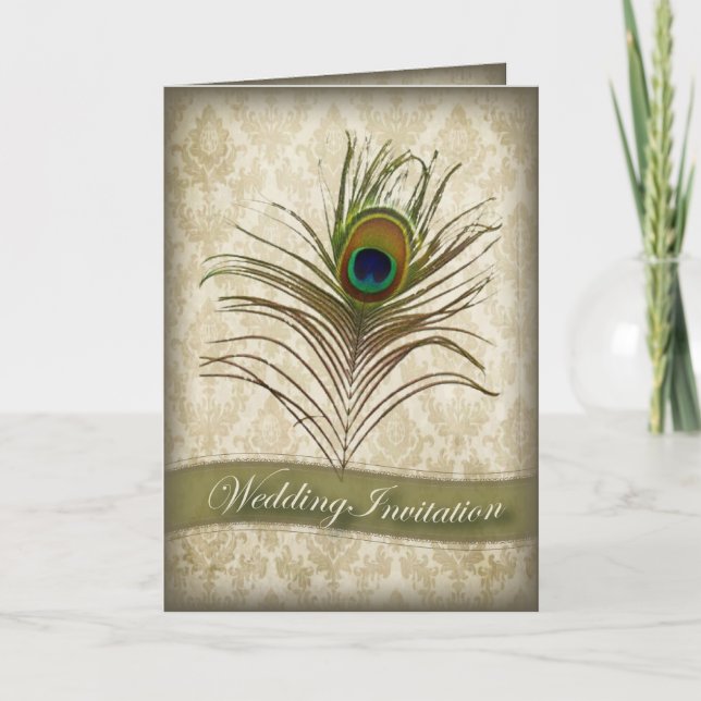 Convite Vintage damask peacock wedding invitation (Frente)