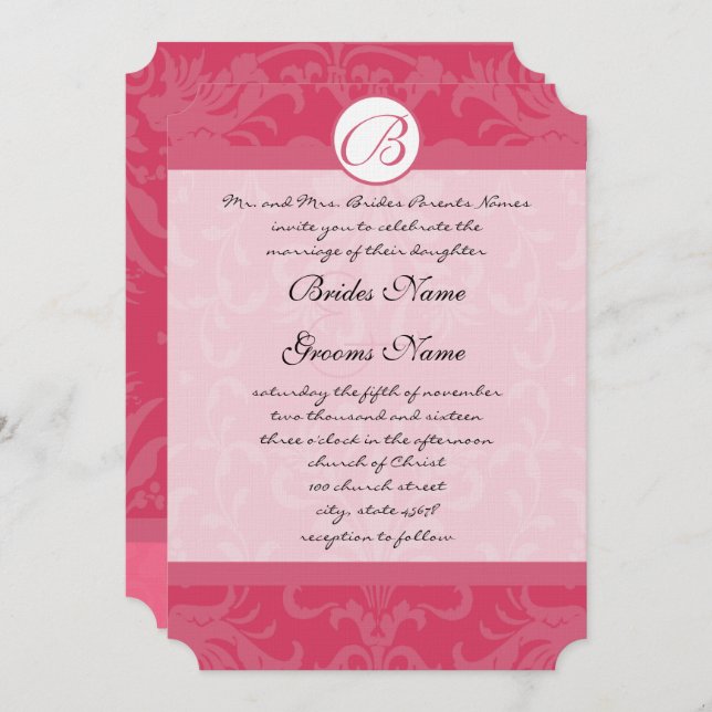 Convite Vintage Damask Pink Monogram Wedding Invitations (Frente/Verso)