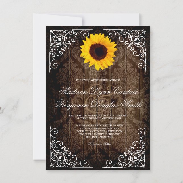Convite Vintage Damask Sunflower Rustic Weditation (Frente)