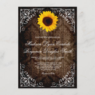 Convite Vintage Damask Sunflower Rustic Weditation