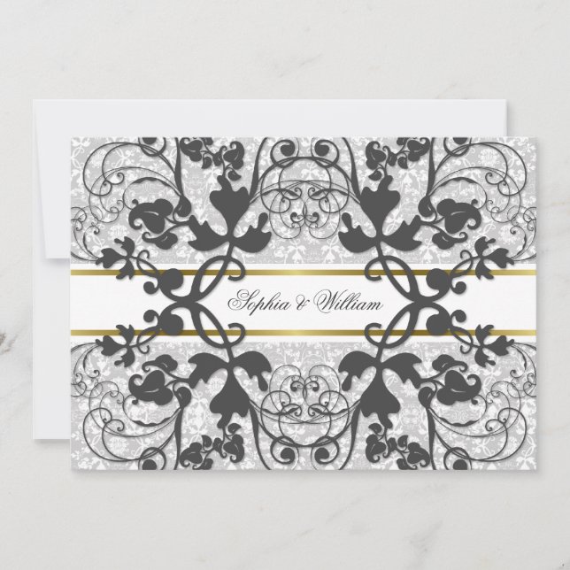 Convite Vintage Damask Swirls Lace Elegant Weding Invite (Frente)