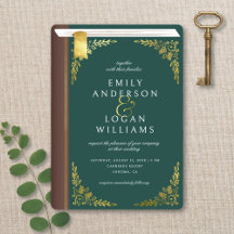 Vintage Dark Green Book Cover Gold Floral Wedding