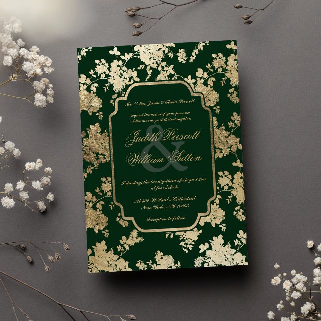 Convite Vintage Dark Green Floral Dourado Casamento (Vintage Dark Green Gold Floral Pattern Wedding )