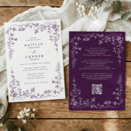 Convite Vintage Dark Purple French Floral Wedding