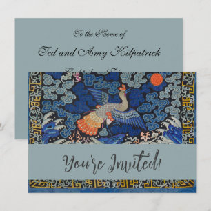 Convite Vintage de bordado chinês azul-pássaro