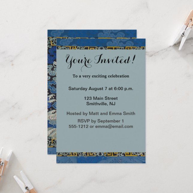 Convite Vintage de bordado chinês azul-pássaro (Frente/Verso In Situ)