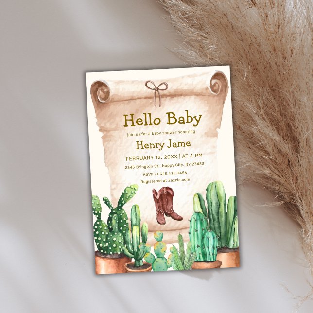 Convite Vintage Desert Cactus Boots Chá de fraldas (Vintage Desert Cactus Cowboy Boots Baby Shower Invitation)