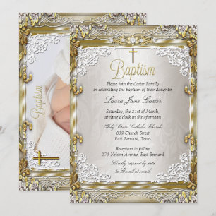 Convite Vintage Dourado Beige Damask Cross Baptism Foto