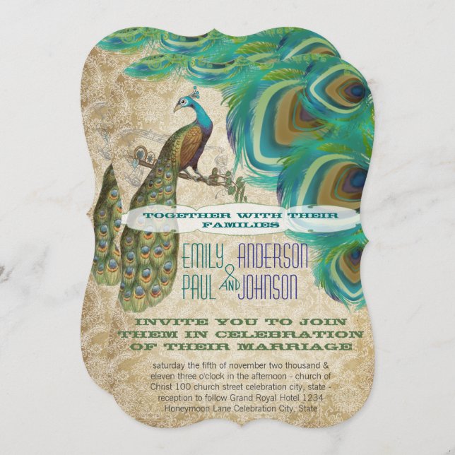 Convite Vintage Dourado Damask Peacock Vintage 4 Feenas (Frente/Verso)