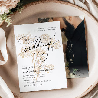 Convite Vintage Dourado Floral Modern Foto Casamento