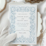 Convite Vintage Dusty Blue Ornamentado Weding Scrollwork<br><div class="desc">Este belamente feito convite para o casamento apresenta um fundo de marfim macio adornado com intrincado e empoeirado trabalho azul para um eterno, visual de vintage. A frente da carta apresenta os detalhes do casamento enquadrados por escrolagem ornamental detalhada, oferecendo um toque luxuoso e elegante. A delicada serif complementa a...</div>