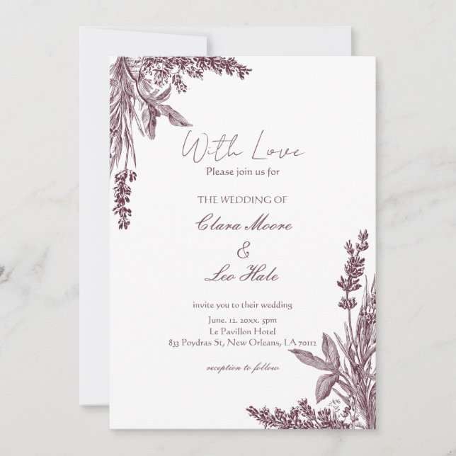 Convite Vintage Dusty Lavender Herb Wedding  (Frente)