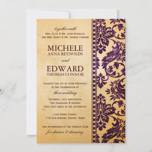 Convite Vintage EggPlant Damask Lace Wedding (Frente)