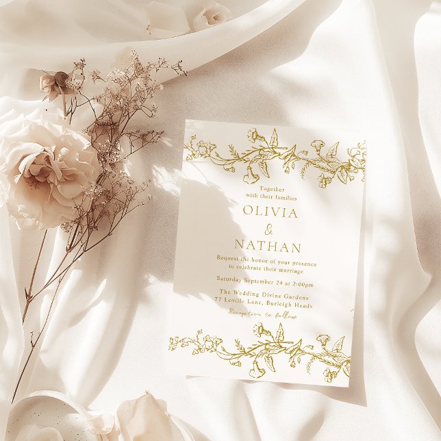 Convite Vintage Elegance: Casamento Floral Dourado Clássic (Criador carregado)