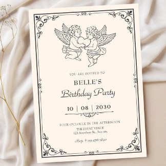 Convite Vintage elegant angels birthday