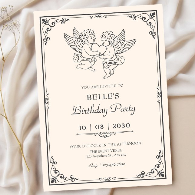 Convite Vintage elegant angels birthday  (Criador carregado)
