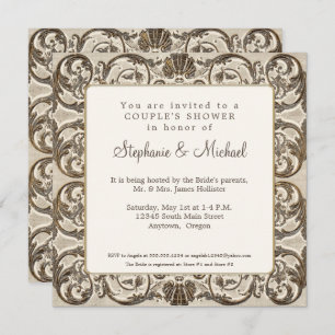 Convite Vintage Elegant Cream n Dourado Casal Shell Chá