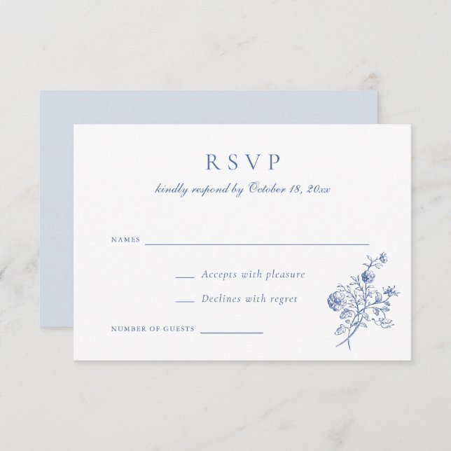 Convite Vintage Elegant Floral Blue Wedding RSVP (Frente/Verso)
