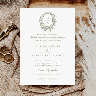 Convite Vintage Elegant Leaf Wreath Monograma Crest Casame