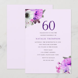 Convite Vintage Elegant Purple Flower 60th Birthday Invite
