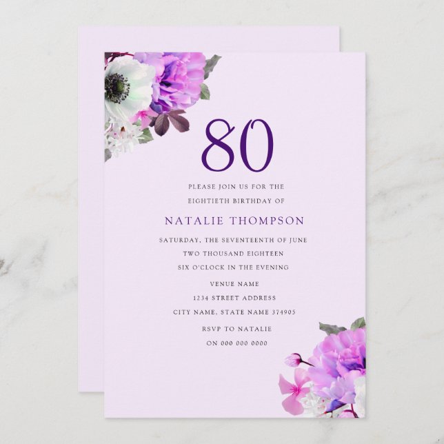 Convite Vintage Elegant Purple Flower 80 Birthday Invite (Frente/Verso)