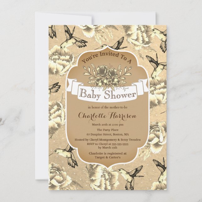 Convite Vintage Elegant Sepia Floral & Hummingbird (Frente)