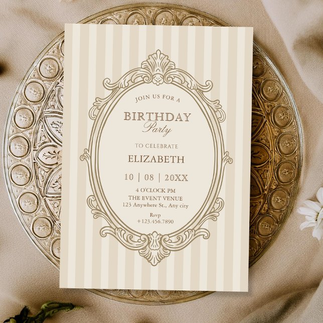 Convite Vintage elegant soft beige birthday (Criador carregado)