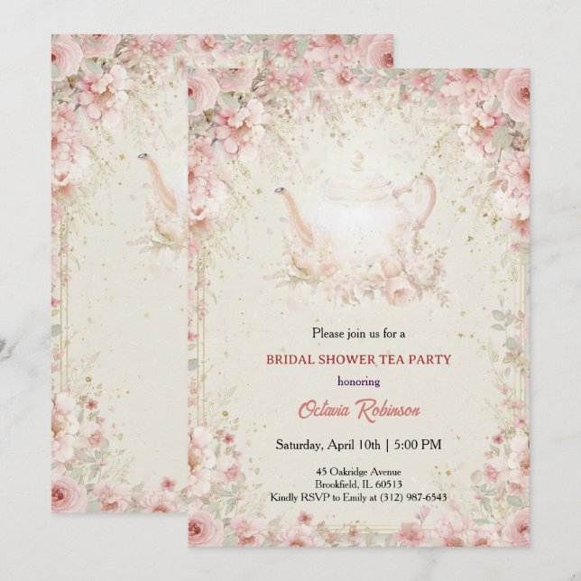 Convite Vintage Elegant Tea Party Bridal Shower Invitation (Frente/Verso)