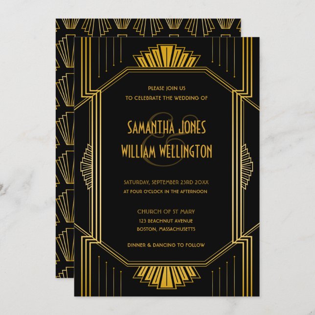 Convite Vintage Elegante Art Deco Casamento Dourado Negro (Frente/Verso)