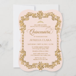 Convite Vintage Elegante Blush Rosa Dourado Tiara Quincean
