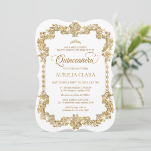 Convite Vintage Elegante Dourada Tiara Quinceanera
