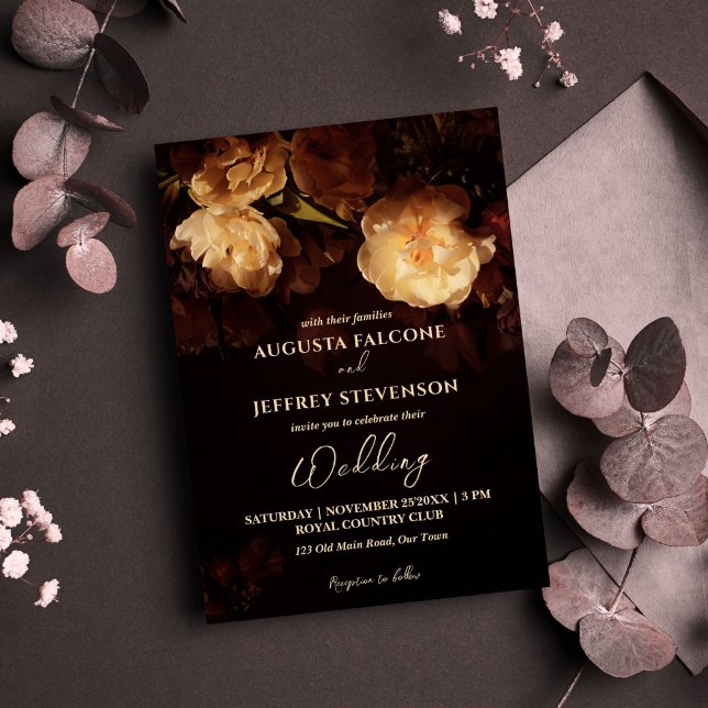 Convite Vintage elegante, tudo em um casamento (Dark moody vintage roses floral elegant all in one wedding invitation template instant download)
