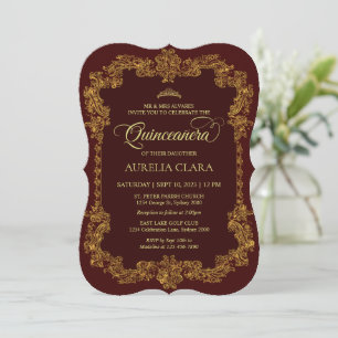 Convite Vintage Elegante Vermelho Dourado Tiara Quinceaner