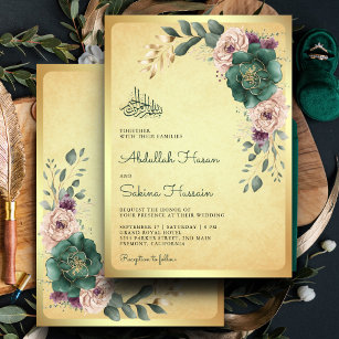 Convite Vintage Emerald Floral Código QR Casamento Muçulma