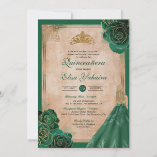 Convite Vintage Emerald Green Dourada Rosas Royal Quincean