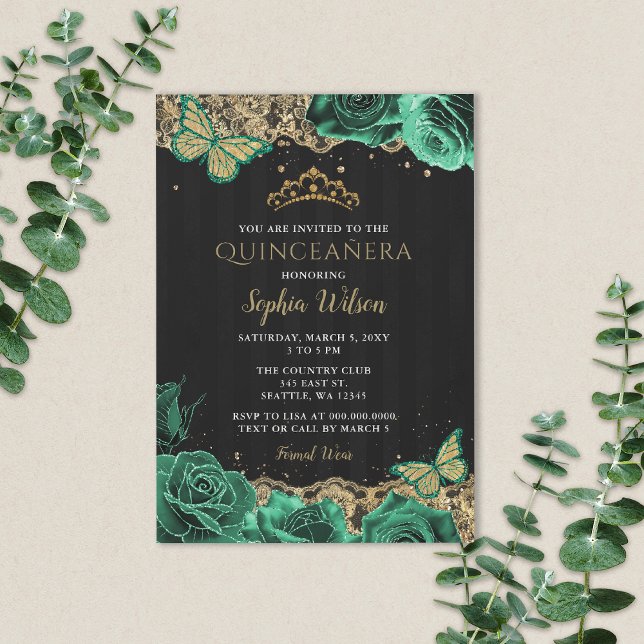 Convite Vintage Emerald Green Rosas Dourados Lace Quinceañ (Green Roses Butterfly Quinceanera Invitation)