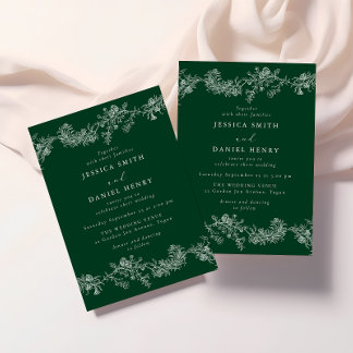 Convite Vintage Emerald Green & White Floral Wedding