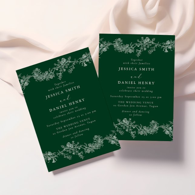 Convite Vintage Emerald Green & White Floral Wedding (Criador carregado)
