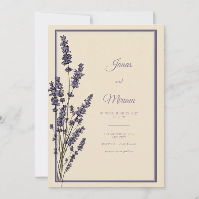 Convite Vintage Engraved Lavender Cream Border Wedding (Frente)