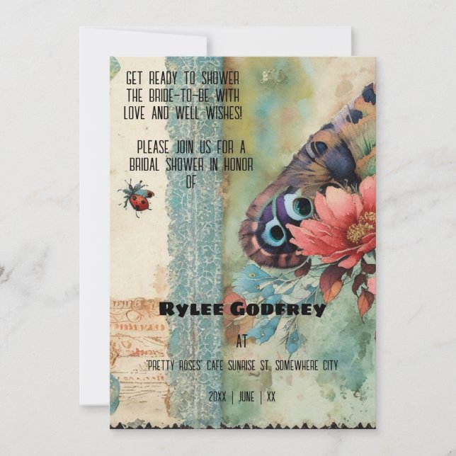 Convite Vintage Ephemera Blue Butterfly Chá de panela (Frente)