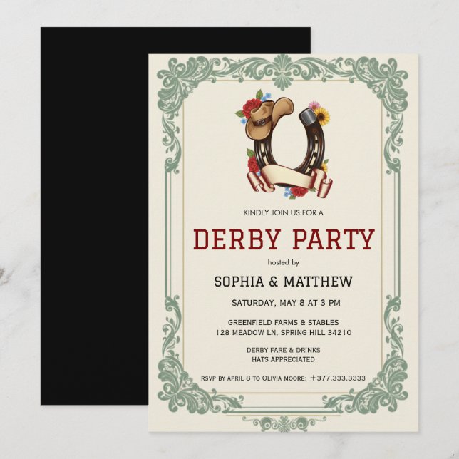 Convite Vintage Equestrian Derby Party Invitation Race  (Frente/Verso)