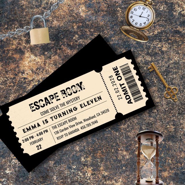 Convite Vintage Escape Room Mystery Birthday Ticket Party (Invitation– Editable Template, Kids Escape Room Birthday Ticket Invitation)