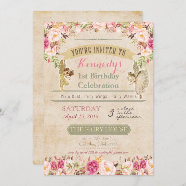 Convite Vintage Fairy First Birthday Invance (Frente/Verso)