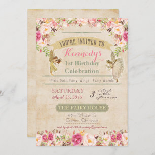 Convite Vintage Fairy First Birthday Invance