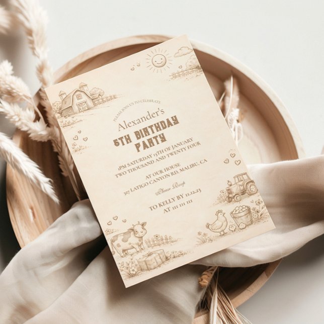 Convite Vintage Farm Sketch Storybook Kids Birthday (Criador carregado)