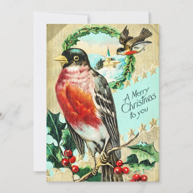 Convite Vintage Felry Christmas Bird Holly (Frente)