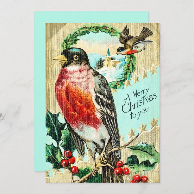 Convite Vintage Felry Christmas Bird Holly (Frente/Verso)