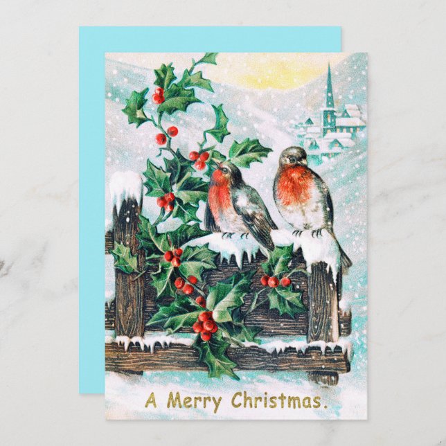 Convite Vintage Felry Christmas Birds Holly (Frente/Verso)