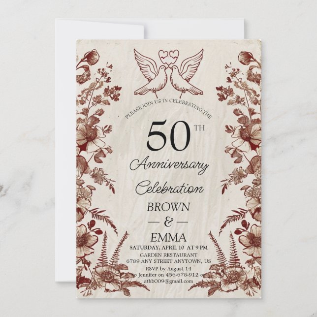 Convite Vintage Floral 50th Wedding Anniversary Invitation (Frente)