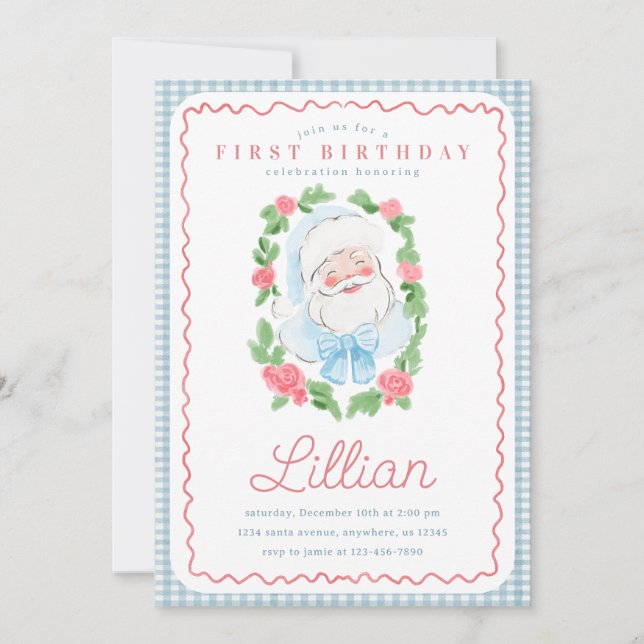 Convite Vintage Floral and Gingham Santa Birthday (Frente)